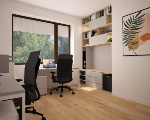 Praca z widokiem na naturę – inspirujące domowe biuro, które łączy komfort z otoczeniem. Stanowisko pracy w domowym biurze z czarnym biurkiem i fotelem, umieszczone przy dużym oknie z widokiem na zieleń.