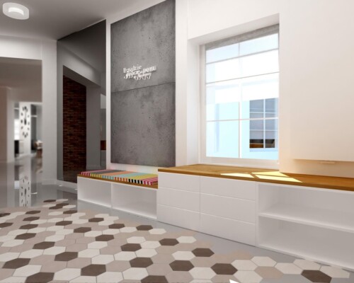 Surowa elegancja cegły – jak tekstura ściany buduje charakter nowoczesnego korytarza. Nowoczesny korytarz z odkrytą ścianą z czerwonej cegły i szarą, polerowaną podłogą.