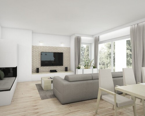 Przestronny salon z aneksem jadalnianym i naturalnym światłem Nowoczesny salon z jasną cegłą dekoracyjną i dużymi przeszkleniami