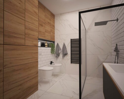 Ciepłe powitanie – drewniana ściana jako sposób na przytulny i nowoczesny przedpokój. Przedpokój z akcentową ścianą wykończoną drewnianymi panelami i widokiem na łazienkę.