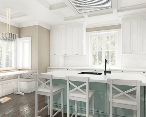 Zieleń w kuchni – szałwiowy odcień szafek jako sposób na świeżą i stylową aranżację. Kuchnia w stylu farmhouse z szafkami w kolorze szałwiowej zieleni i białymi hokerami przy wyspie.