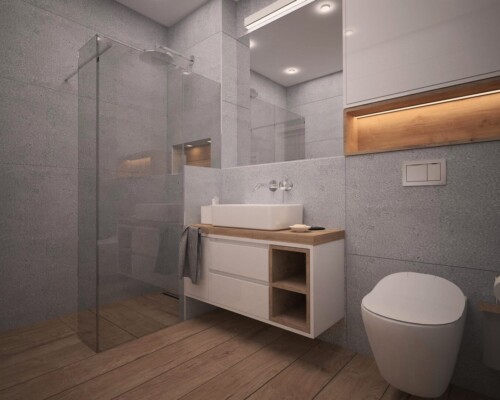 Naturalny akcent w łazience – ponadczasowe połączenie drewna, bieli i chromu. Nowoczesna łazienka z podwieszaną szafką z drewna, nablatową umywalką i dużym lustrem.