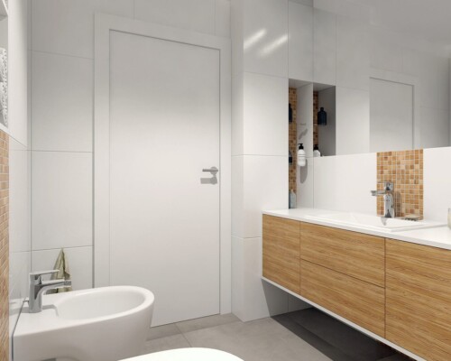 Elegancka łazienka z praktyczną zabudową i akcentami w kolorze drewna – projekt wnętrza Nowoczesna łazienka z dużym lustrem, drewnianą szafką pod umywalkę i wnękami z mozaiką