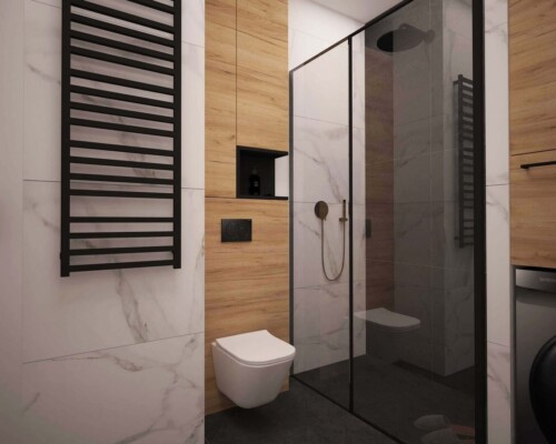 Maksimum stylu na minimalnej przestrzeni – funkcjonalna toaleta z drewnem i czarnymi akcentami. Nowoczesna, wąska toaleta z podwieszanym WC, czarnym grzejnikiem drabinkowym i ścianą wykończoną drewnem.