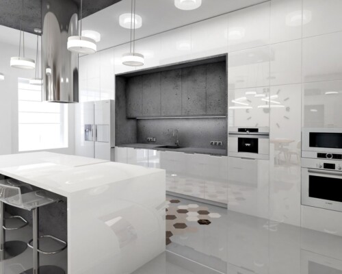 Funkcjonalne i stylowe wejście do domu – aranżacja przedpokoju z siedziskiem i schowkami. Jasny przedpokój z szafą, siedziskiem pod oknem i wzorzystą podłogą w geometryczne wzory.