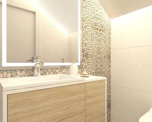 Przytulna łazienka z akcentem natury i nowoczesnym lustrem Jasna łazienka z drewnianą szafką i ścianą z kamiennej mozaiki