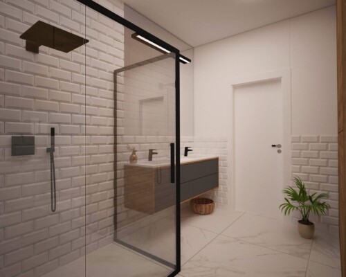 Minimalizm i przestrzeń – prysznic walk-in ze szklaną ścianą w stylu loftowym. Nowoczesna łazienka z dużym prysznicem typu walk-in, oddzielonym czarną, szklaną ścianką.