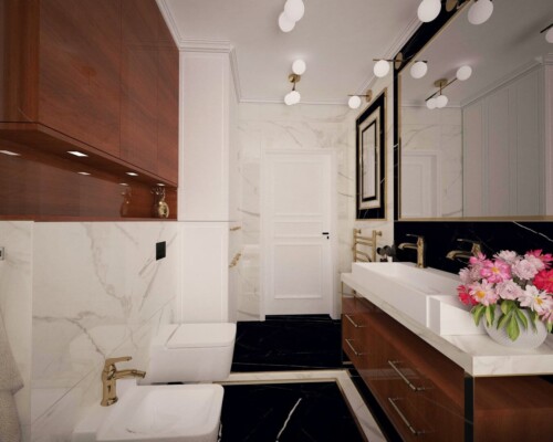 Kontrast i harmonia – kuchnia, w której biel, czerń i drewno tworzą idealne trio. Otwarta kuchnia z białymi szafkami i czarnym blatem, połączona z jadalnią z drewnianym stołem.