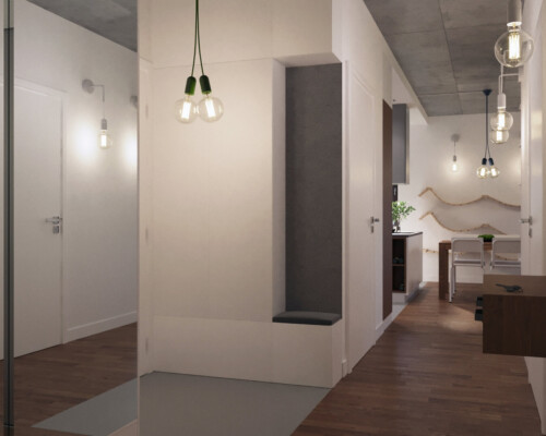Prostota i światło – minimalistyczny korytarz jako spokojne i eleganckie wprowadzenie do domu. Jasny, minimalistyczny przedpokój z białą ścianą, drewnianą podłogą i nowoczesną lampą.