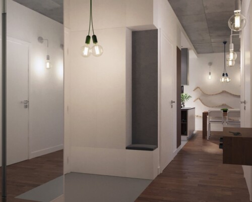 Prostota i światło – minimalistyczny korytarz jako spokojne i eleganckie wprowadzenie do domu. Jasny, minimalistyczny przedpokój z białą ścianą, drewnianą podłogą i nowoczesną lampą.