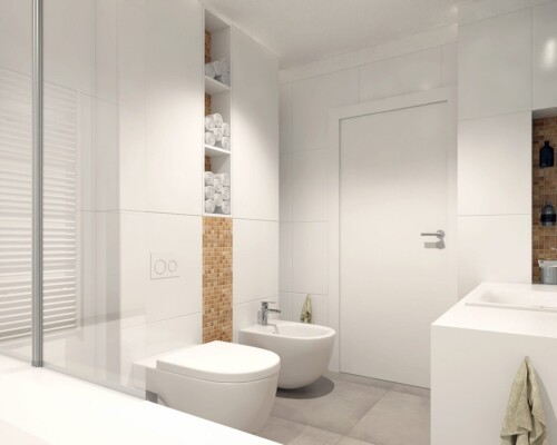 Minimalistyczna łazienka z bidetem, WC i funkcjonalnymi wnękami – projekt w bieli i ciepłych akcentach Jasna łazienka z białą ceramiką, mozaiką i wnękami na ręczniki – nowoczesna aranżacja wnętrza