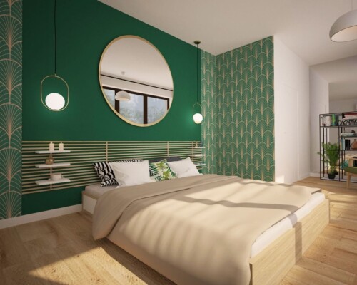 Nowoczesna elegancja w sypialni – głęboka zieleń i szklana szafa jako duet idealny. Elegancka sypialnia z butelkowo-zieloną ścianą akcentową i dużą szafą z czarnymi szprosami i przydymionym szkłem.