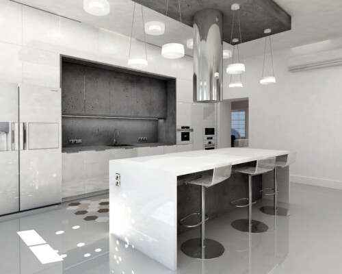 Twoje miejsce na poranną kawę – kącik barowy jako integralna część wyspy kuchennej. Nowoczesne hokery barowe przy białej wyspie kuchennej z widokiem na minimalistyczną zabudowę.