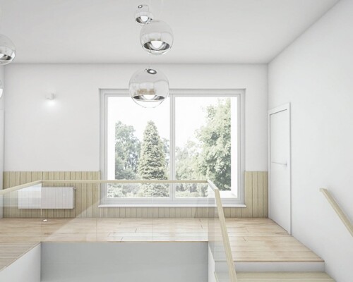 Nowoczesny hol w stylu minimalistycznym – jasne, przestronne wnętrze z naturalnym światłem Nowoczesny i minimalistyczny hol z drewnianą podłogą i szklaną balustradą – projektowanie wnętrz domu