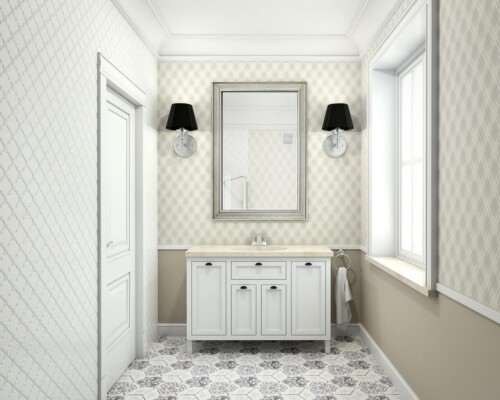 Symetria i elegancja – klasyczna strefa umywalkowa z wyrazistymi, czarnymi akcentami. Łazienka w stylu klasycznym z białą szafką podumywalkową, dwoma lustrami i czarnymi kinkietami.
