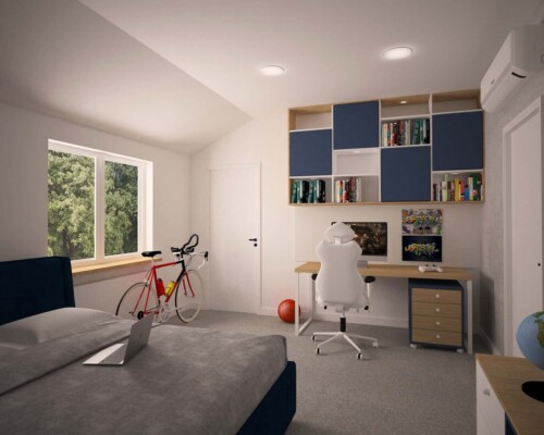 Domowa biblioteczka w sypialni – sprytne wykorzystanie przestrzeni nad łóżkiem. Sypialnia z szarym, tapicerowanym łóżkiem i białymi półkami na książki zamontowanymi nad wezgłowiem.