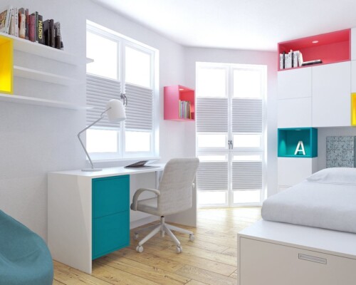 Funkcjonalny i jasny pokój dla dziecka z kolorowymi wnękami i przestrzenią do nauki Kolorowy pokój dziecięcy z łóżkiem, biurkiem i wbudowanymi regałami – nowoczesna aranżacja