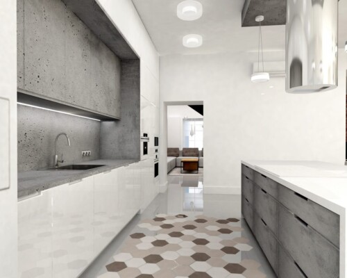 Odważny wzór pod stopami – jak geometryczna podłoga definiuje charakter nowoczesnej kuchni. Zbliżenie na fragment białej kuchni z wyspą, hokerami i wzorzystą, czarno-białą podłogą.