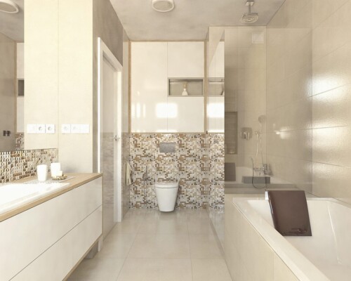 Nowoczesna łazienka z mozaikowym akcentem i elegancką zabudową Przestronna łazienka z mozaiką i zabudowaną wanną