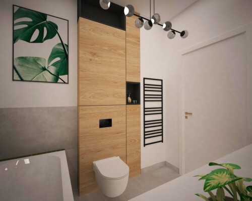 Elegancka strefa WC z naturalnymi materiałami i nowoczesnym oświetleniem Toaleta z zabudową z jasnego drewna i czarnym grzejnikiem