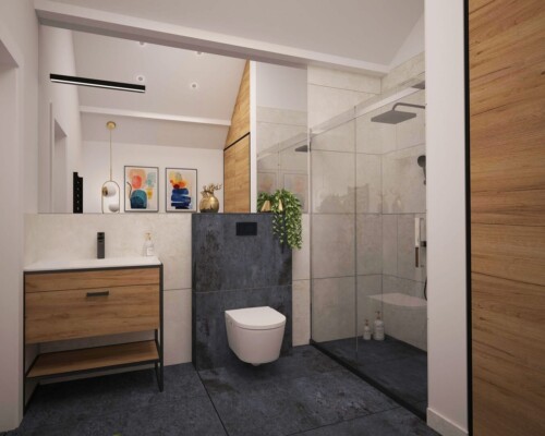 Mała przestrzeñ, wielki styl – kontrast bieli i granatu w nowoczesnej toalecie. Wąska toaleta z podwieszanym WC, białą szafką i podłogą w kolorze granatowym.