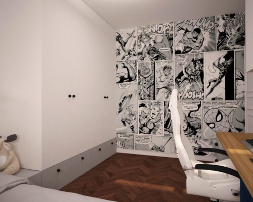 Sztuka na ścianie od samego wejścia – przedpokój z tapetą, która intryguje i przyciąga wzrok. Przedpokój z designerską, czarno-białą tapetą we wzór przypominający twarze i profile.