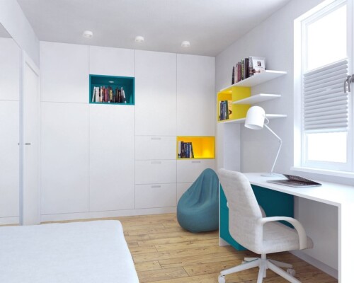 Funkcjonalny pokój z miejscem do nauki i przechowywania – projekt wnętrza z kolorowymi detalami Pokój młodzieżowy z biurkiem, regałami i kolorowymi akcentami – nowoczesna aranżacja wnętrza