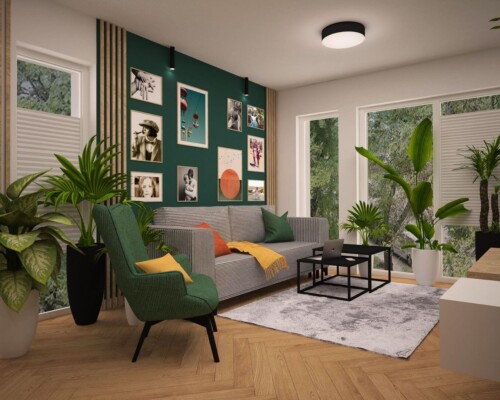 Przytulny salon z galerią ścienną, zielonym fotelem i dużą ilością roślin Salon w stylu nowoczesnym z zielonym akcentem ściennym i roślinami doniczkowymi