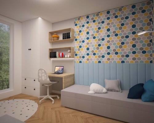 Funkcjonalny pokój dziecka z miejscem do nauki i geometrycznym akcentem ściennym. Nowoczesny pokój dziecięcy z biurkiem i tapetą w kolorowe heksagony.