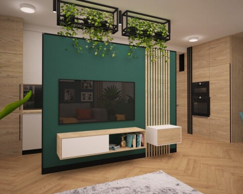 Nowoczesna aranżacja salonu z roślinnością i ścianą telewizyjną Zielona ściana RTV z wiszącą szafką i wiszącymi roślinami