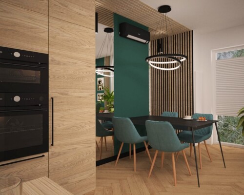 Elegancka jadalnia z zielonym akcentem i designerskimi lampami Nowoczesna jadalnia z turkusowymi krzesłami i czarnym stołem