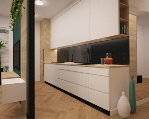 Kuchnia z drewnianym blatem i minimalistycznymi szafkami Nowoczesna kuchnia z czarnym szkłem i białą zabudową