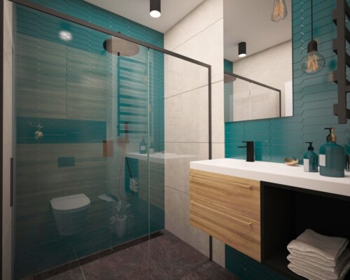 Nowoczesna łazienka z czarnymi akcentami i drewnianą szafką Łazienka z turkusowymi płytkami i prysznicem walk-in