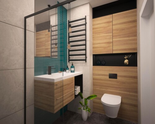 Mała łazienka z designerskimi detalami i nowoczesnym stylem Toaleta z czarnym grzejnikiem i drewnianą zabudową