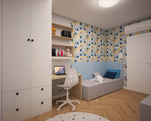 Kolorowy pokój dziecka z geometryczną tapetą i wygodnym biurkiem Pokój dziecięcy z tapetą w heksagony i miejscem do nauki