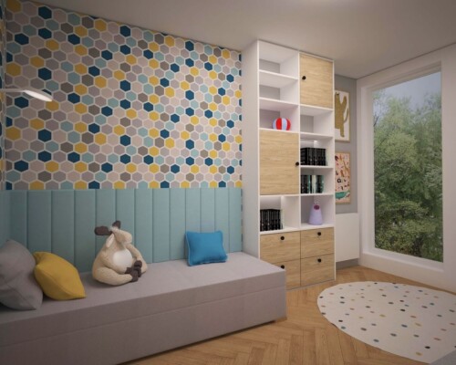 Nowoczesny pokój dziecięcy z geometryczną tapetą i praktyczną zabudową na wymiar. Pokój dziecięcy z kolorową tapetą w heksagony i funkcjonalną zabudową meblową.