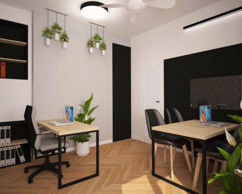 Gabinet do pracy – natura, spokój i ergonomia Domowy gabinet z drewnianym stołem, roślinami i jasnym oświetleniem – projekt wnętrza