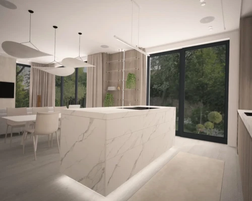 Wyspa z widokiem – kuchnia otwarta na zieleń Jasna kuchnia z marmurową wyspą i dużymi przeszkleniami – projekt kuchni