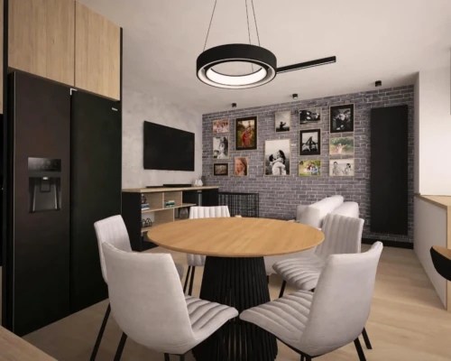 Jadalnia z charakterem – styl loftowy i osobisty klimat Jadalnia z czarną ścianą akcentową, drewnianym stołem i galerią na ścianie