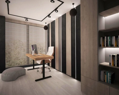 Gabinet z charakterem – styl industrialny i ciepłe drewno Nowoczesny gabinet z ceglaną ścianą, drewnianymi półkami i czarnymi dodatkami