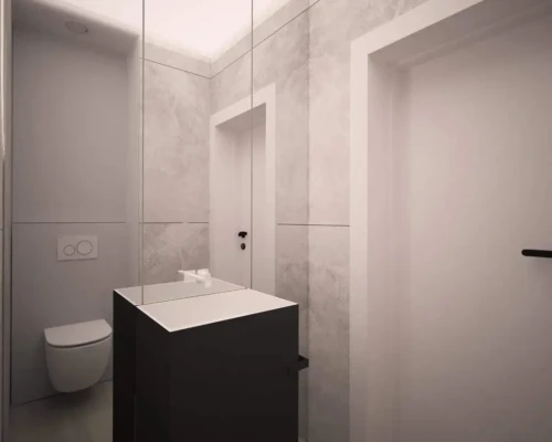 Kompaktowa i elegancka toaleta – nowoczesne rozwiązania Minimalistyczna toaleta z podwieszaną umywalką i lustrem – projekt wnętrz łazienki