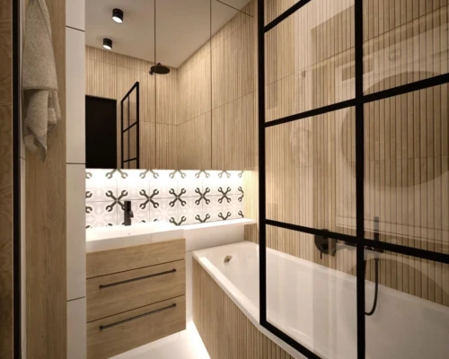 Nowoczesna łazienka – grafika, szkło i kontrast Łazienka z kabiną prysznicową, czarną ramą i dekoracyjnymi płytkami