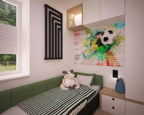 Pokój z energią – zieleń, zabawa i harmonia Pokój dziecięcy z zieloną tapetą, kanapą i strefą przechowywania