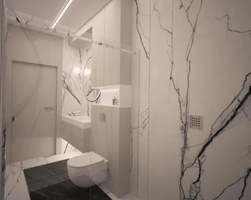 Elegancka łazienka – marmur, światło i minimalizm Łazienka z marmurowymi ścianami, podwieszaną toaletą i oświetleniem LED – projekt wnętrza Warszawa