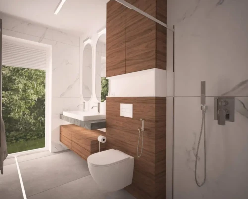 Projekt łazienki z elementami drewna – elegancja i natura Łazienka z drewnianymi akcentami i nowoczesną armaturą – projekt łazienki Warszawa
