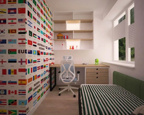 Kolorowy pokój – energia, funkcja i styl Pokój z dekoracyjną kolorową ścianą, biurkiem i białą zabudową meblową