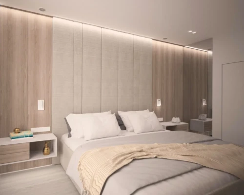 Minimalistyczna sypialnia – światło i ciepłe drewno Sypialnia z nowoczesnym oświetleniem LED i panelami dekoracyjnymi