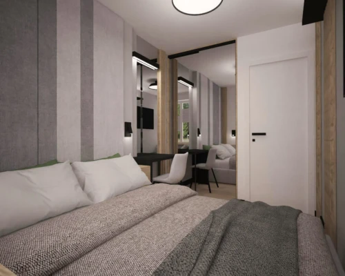 Nowoczesna sypialnia – komfort i porządek Sypialnia z tapicerowanym zagłówkiem, szafą w zabudowie i nowoczesnym oświetleniem