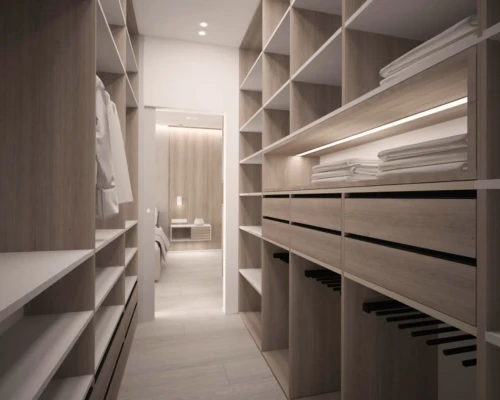 Funkcjonalna garderoba – elegancka przestrzeń do przechowywania Nowoczesna garderoba z drewnianą zabudową, podświetleniem LED i otwartymi półkami – projekt garderoby Warszawa