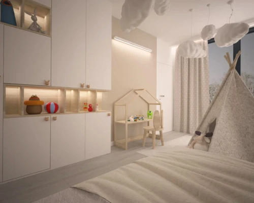 Nowoczesny pokój dziecka – lekkość i fantazja Pokój dziecięcy z tipi i strefą do zabawy przy dużym oknie – aranżacja wnętrza